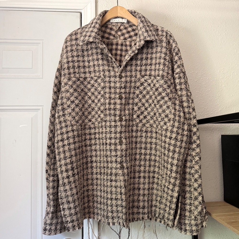 MNML tan plaid check tweed fray hem button up shacket shirt jacket